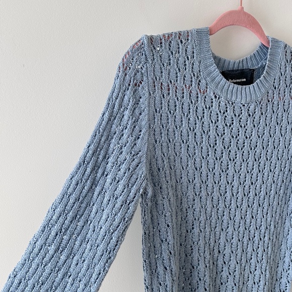 Reformation 100% Linen Blue Rose Pointelle Sweater - Picture 8 of 16
